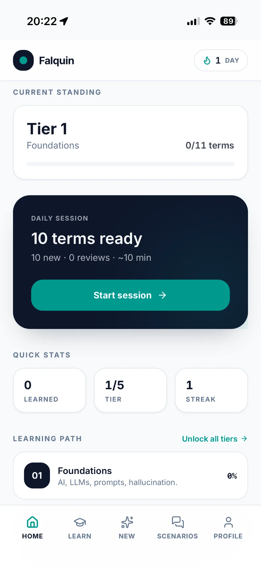 Falquin app home screen showing daily session, streak and learning path